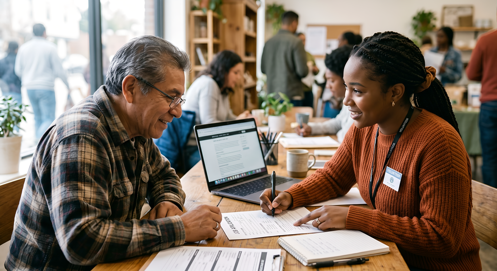 a young woman helping an older man fill out paperwork for financial and food assistance, Oasis of Hope ministry in Severn, Maryland.