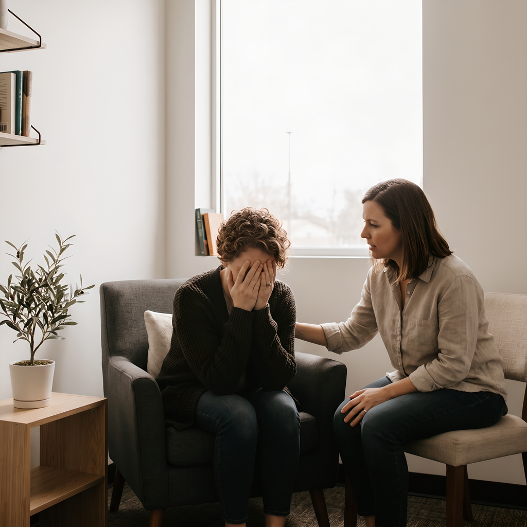 two women sitting together in a bright, modern church counseling room as one comforts the other, Oasis of Hope ministry in Severn, Maryland.