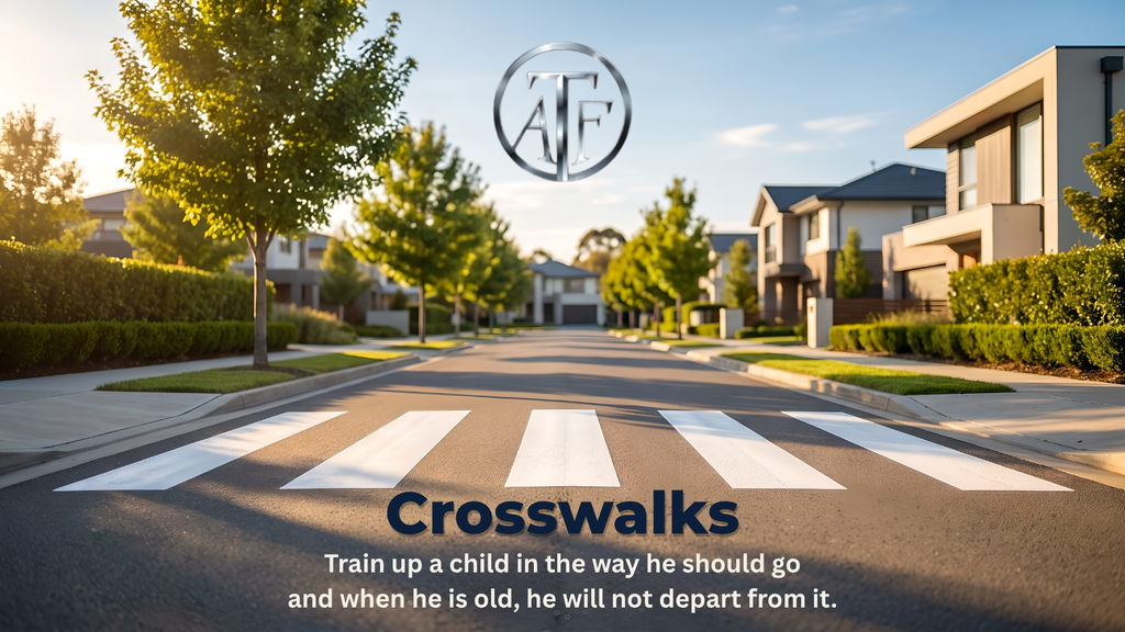 Crosswalks children's ministry at Apostle True Foundation in Severn, Maryland, sunlit neighborhood street with crosswalk stripes and Proverbs 22:6.