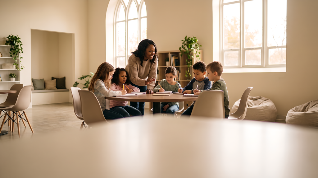 An African American teacher in her forties helping a small group of children with homework in a bright, modern after-school space, Crosswalks ministry at Apostle True Foundation in Severn, Maryland.
