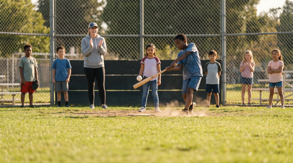 Children and a volunteer mentor at a Crosswalks youth softball game, a boy swinging at a baseball while other kids watch, Apostle True Foundation in Severn, Maryland.